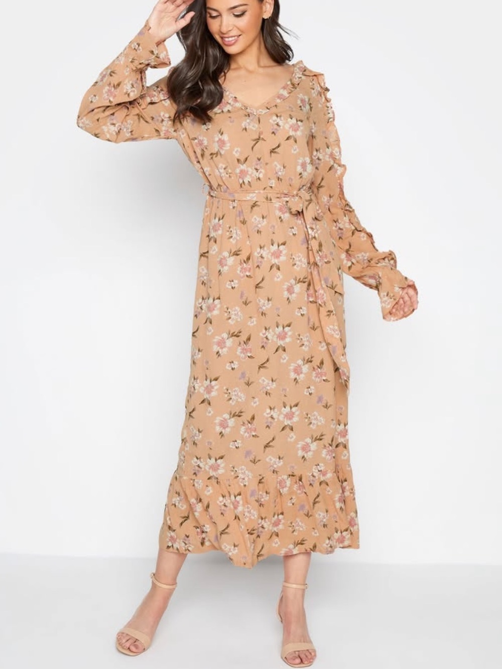 LTS Long Tall Sally Floral V Neck Long Sleeve Orange Brown Pink Boho Maxi Dress